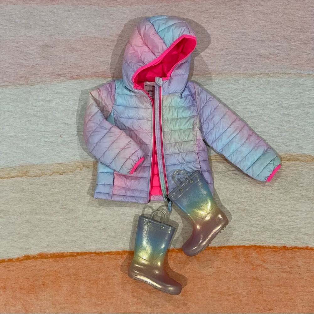 Girls 3T Amazon Essentials Rainbow Puffer Jacket & Size 7 Rainbow Rain Boots